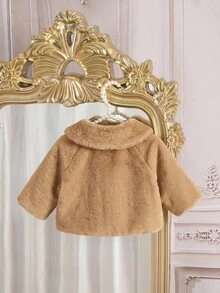 SHEIN 女嬰法式優雅可愛毛絨蝴蝶結秋冬夾克 - 駝色 - 查看 5