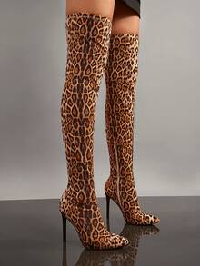 SHUZIA Faux Suede Leopard Print Knee High Heel Boots Holiday Vacay Vibe For Summer Shoes Spring Shoes Spring Break Easter For Christmas - Multicolor - View 1