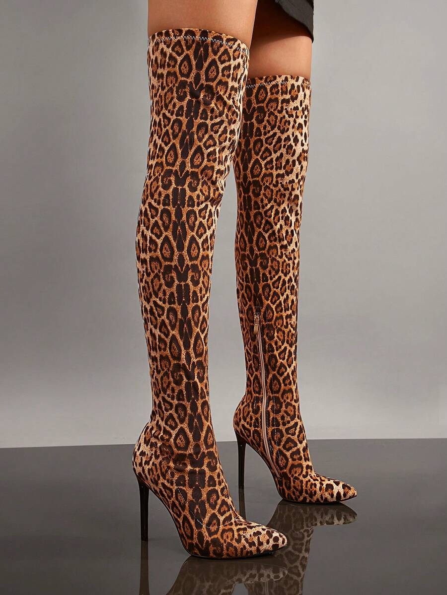 SHUZIA Faux Suede Leopard Print Knee High Heel Boots Holiday Vacay Vibe For Summer Shoes Spring Shoes Spring Break Easter For Christmas - Multicolor - View 1