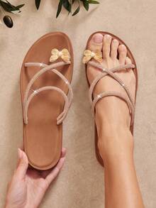 VACAZURE #ButterflyGleam Women's Rose Gold 3D Butterfly Pearl Decor Rhinestone Ring Toe Sandals – Elegant, Sparkly&Comfortable. - Rose Gold - View 2