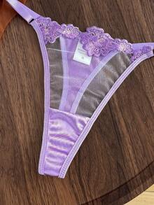 Divavoom Women's Sexy Hollow Lace Striped Satin Non-See-Through Underwire Bra And T-Back Panty Lingerie Set, 2 Pieces - Purple - View 4
