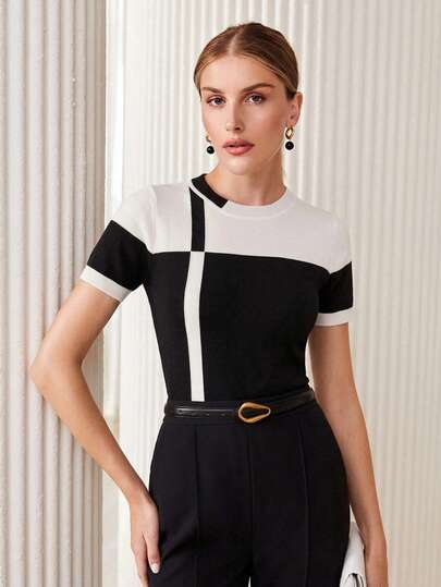 BizChic Women's Colorblock Round Neck Short Sleeve Fitted Knit Top
