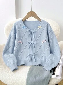 SHEIN 少女寬鬆休閒極簡舒適圓領長袖蝴蝶結波點開襟衫返校穿搭 - 藍色 - 查看 1