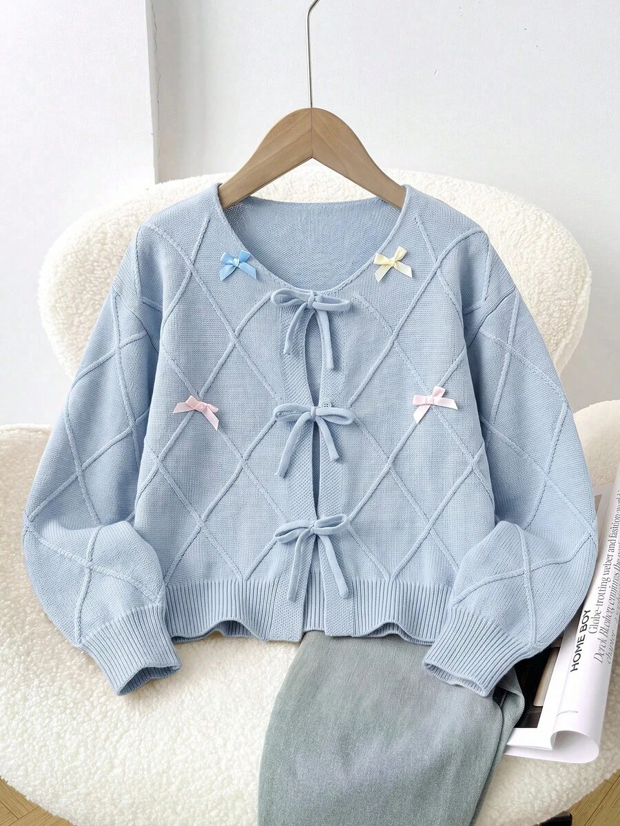 SHEIN 少女寬鬆休閒極簡舒適圓領長袖蝴蝶結波點開襟衫返校穿搭 - 藍色 - 查看 1