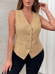 CosyJoli Chaleco de traje de talla grande, casual y formal, de unicolor para otoño/invierno - Camel - Ver 4