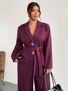 Firerie Plus Size Women's Solid Color Notch Lapel Long Sleeve Jacket And Pants Casual Commute Suit Set Elegant Business Work Suit Set For Women Fall/Winter - Red Violet - View 8