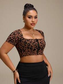 SHEIN Rhythm Era Women's Plus Size Leopard Print Zip-Front Everyday Fitness Sports Bra - Brown - View 5