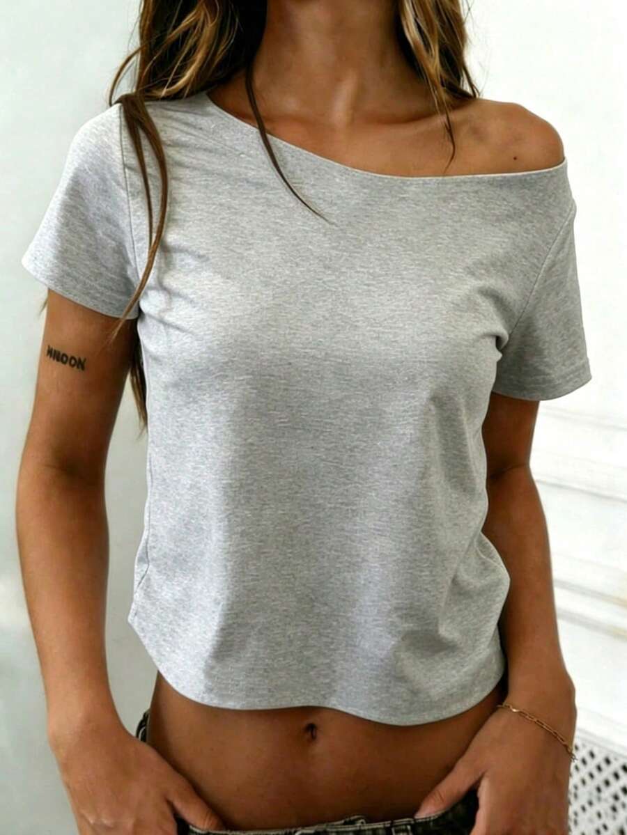 Rovax Women's Solid Color Fashion Asymmetric Neck Cropped Short Sleeve T-Shirt - Light Grey - View 1