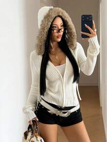 StreetHx Streetwear Sexy Fall Solid Color Y2K Fur Collar Casual Versatile Loose Ribbed Zip-Up Knit Cardigan Club City Break Everyday Going Out Off-White - Apricot - View 2