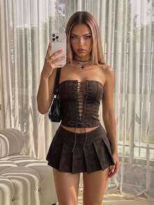 SHEIN ICON 2件組夏季Y2K女款棕色哥德風性感外出交叉式平口上衣與百褶迷你裙 - 摩卡棕 - 查看 1