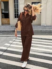 Serisse Women's Solid Color Rolled Sleeve Single-Breasted Shirt And Long Pants Casual 2 Pieces Set - Coffee Brown - View 1