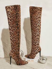 SHUZIA Faux Suede Leopard Print Knee High Heel Boots Holiday Vacay Vibe For Summer Shoes Spring Shoes Spring Break Easter For Christmas - Multicolor - View 6