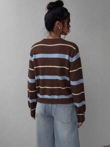 SHEIN BASICS 休閒簡約針織開襟衫，適合秋冬外出，棕色與藍色條紋編織，日常百搭，約會穿搭、通勤穿搭、海灘穿搭、度假穿搭，女款夏季穿搭 - 黑色 - 查看 4