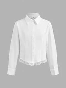 SHEIN Tween女孩白色襯衫，Polo領，收腰蕾絲拼接上衣，正式場合，層次穿搭，外套，休閒，百搭 - 白色 - 查看 6