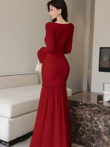 Modelyn 女士 U 领喇叭袖拼接鱼尾紧身优雅约会晚礼服 - 酒紅色 - 查看 2