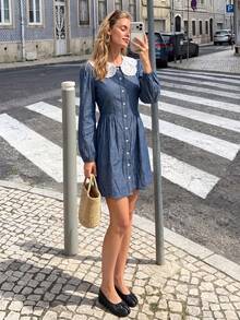 SHEIN PariChic Women's Casual Vacation Contrast Color Embroidered Collar Dress - Blue - View 1
