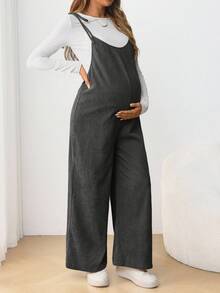 SHEIN 孕婦休閒細肩帶蝴蝶結修身長版連身褲 秋季 - 深灰色 - 查看 3