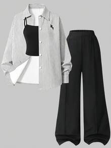 SHEIN 3-Piece Set Yellow Long Sleeve Striped Digital Print Shirt, Black Long Pants, Camisole, Suitable For Spring/Summer Outdoor Wear - Black - View 1