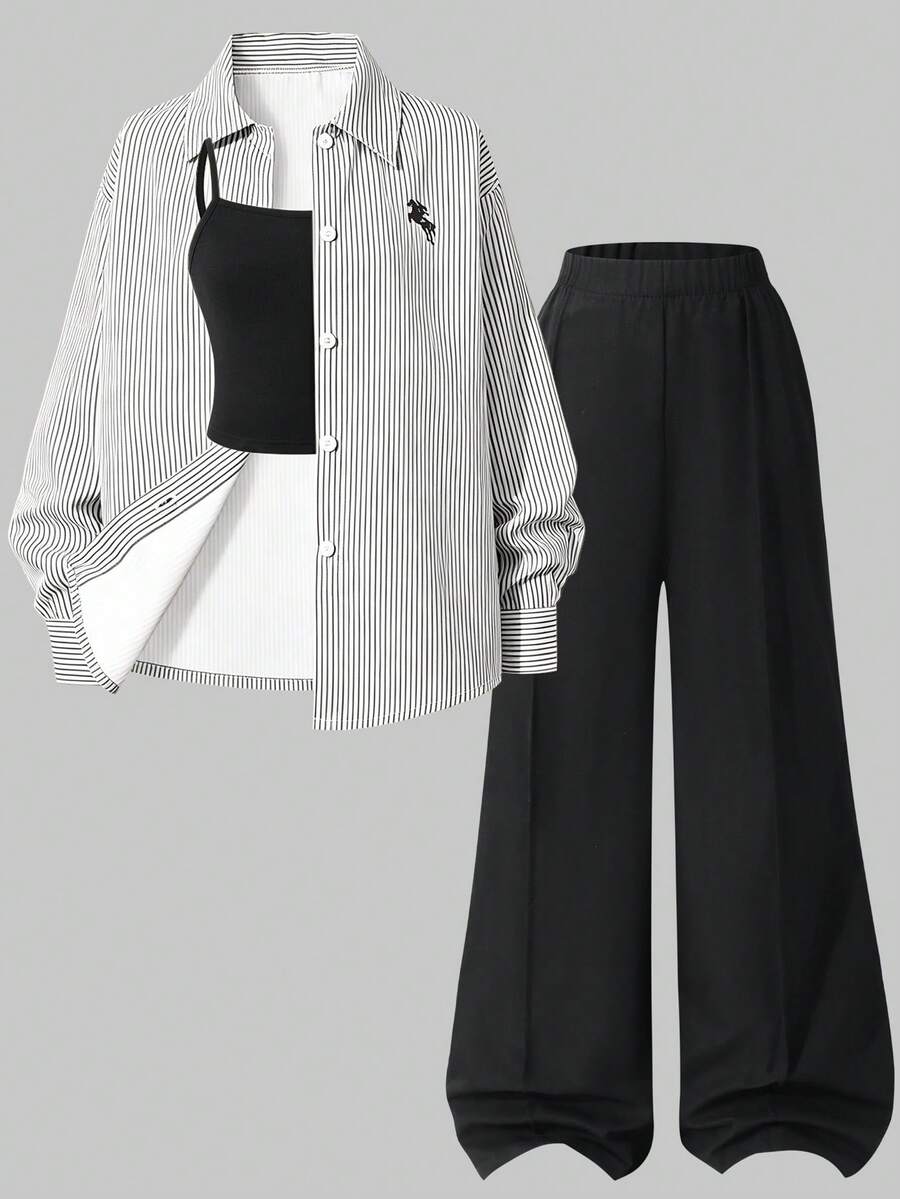 SHEIN 3-Piece Set Yellow Long Sleeve Striped Digital Print Shirt, Black Long Pants, Camisole, Suitable For Spring/Summer Outdoor Wear - Black - View 1
