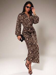 Radiana Women's New Elegant Sexy Casual Fashion Black And White Leopard Print Waist Belt Cinched Shirt Dress, Long, Tie Waist, Vacation, Daily, Brunch Autumn - Multicolor - View 3