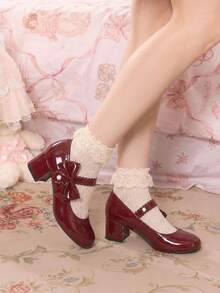 Dola Lovely Women's Shoes, Pink, Mary Jane, Bow Decoration, Lolita Wears Sweet Japanese JK Uniform Shoes, Thick Heels And High Heels. - Burgundy + Bow - View 2