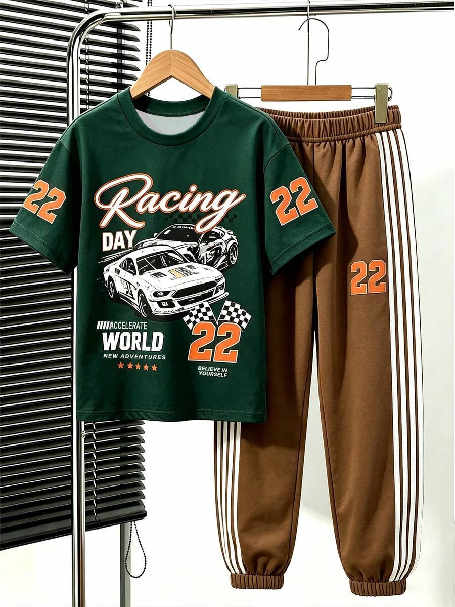 Tween Boys Racing‑Car Letter‑Graphic Short‑Sleeve Tee & Side‑Stripe Jogger Pants 2‑Piece Street Casual Outfit - Multicolor - View 1