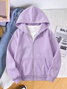 SHEIN 青少年女孩秋冬休閒連帽開襟外套 - 紫色 - 查看 6