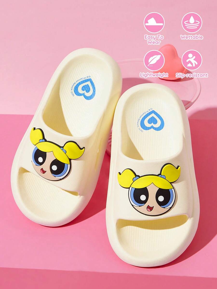 THE POWERPUFF GIRLS X SHEIN 可愛卡通女孩拖鞋,幼兒與兒童快乾浴室拖鞋,輕量耐用 EVA 材質,適合室內外穿著 - 藍白色 - 查看 1