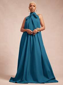 Vixey Solid Woven Bow Tie Halter Neck A Line Maxi Dress - Cadet Blue - View 3