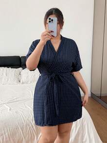 Napfluff CURVE Napfluff CURVE Casual Plaid Short Sleeve Comfortable Plus Size Nightgown - Multicolor - View 3