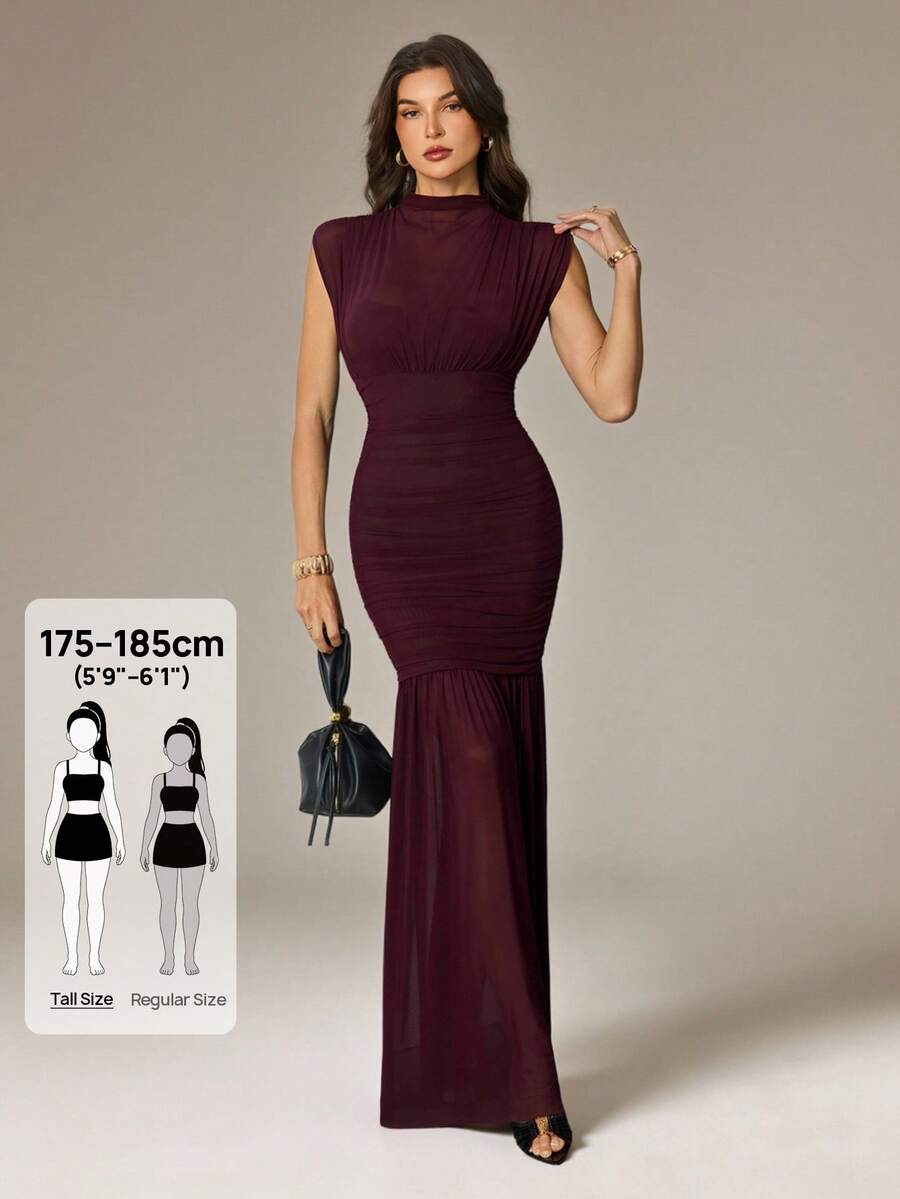 SHEIN Tall 春夏款純色酒紅披肩式優雅透視修身抓皺超長酒紅網紗洋裝,適合浪漫約會、派對、正式聚會、婚禮伴娘禮服、女士夏季洋裝、茶會洋裝、新年、情人節、生日洋裝,黑色長洋裝 - 紫紅色 - 查看 1