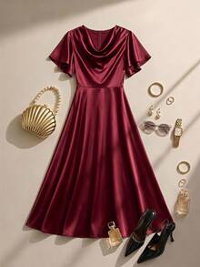 Formidée Plus Size Women Solid Color Cowl Neck Ruffle Short Sleeve Elegant Dress - Burgundy - View 1