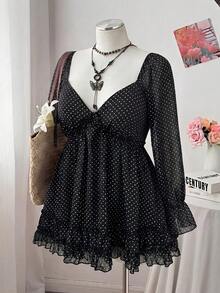 Sweetra Plus Size Polka Dot V-Neck Cute Cinched Waist Flattering Chiffon Blouse Top Fall - Black - View 4