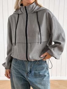 SHEIN EZwear 女款休閒百搭格紋高領連帽夾克，標準版型復古學院運動風 - 摩卡棕 - 查看 3