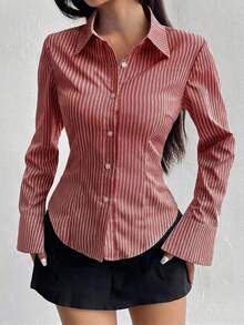 Sweetra 女式长袖纽扣休闲修身条纹衬衫 - 紅色 - 查看 3