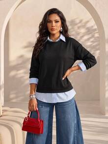 Structelle Women's Casual Long Sleeve 2 In 1 Shirt Collar Colorblock Sweatshirt - Black - View 5