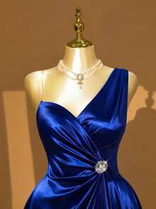 Rometta Women's Plus Size Royal Blue One-Shoulder Ruched Waist Asymmetrical Ruffle Hem Dress With Rhinestone Buckle Decor, Elegant Formal Long Evening Gown - Royal Blue - View 4