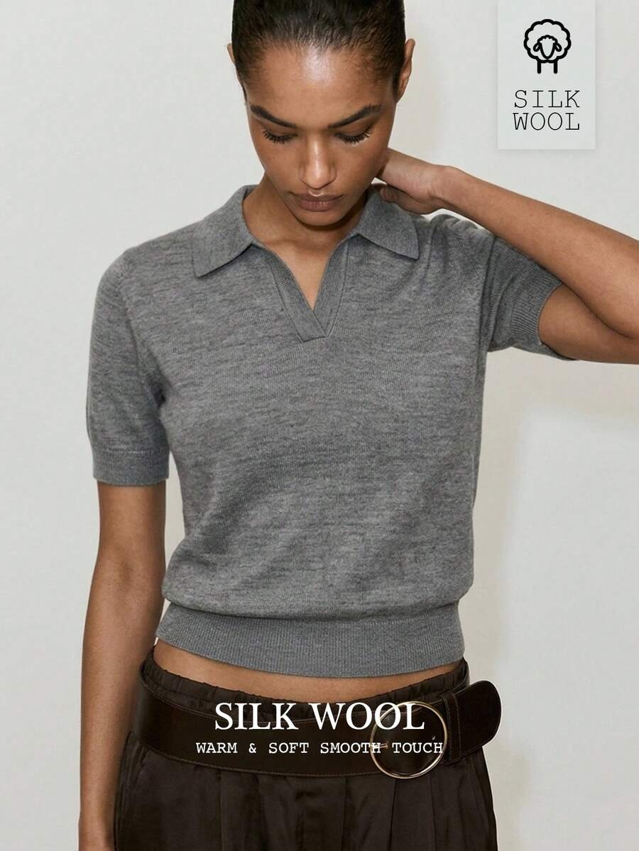 ATUI Studio Sweater Wanita Lengan Pendek Berkerah Abu-abu Serbaguna untuk Musim Gugur, Cocok untuk Kantor, Makan Siang, Minimalis, dan Kasual. - Grey - View 1