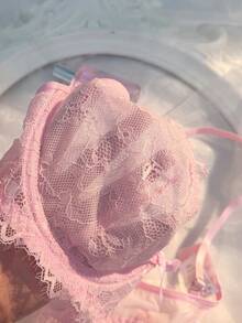 Crystal Vow 1pc Sweet Pink Eyelash Lace Deep V-Neck Bra With Bow Front And Spaghetti Strap Women's Lingerie - Baby Pink - View 3