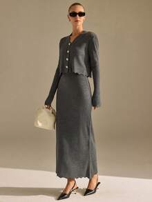 CLARA VERO Ribbed Button Cardigan Knit Skirt Set Office Light Grey Autumn Elegant - Grey - View 6