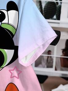 THE POWERPUFF GIRLS X SHEIN 女款圓領漸層色字母卡通印花休閒日常夏季T恤 - 白色 - 查看 3
