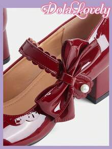 Dola Lovely Women's Shoes, Pink, Mary Jane, Bow Decoration, Lolita Wears Sweet Japanese JK Uniform Shoes, Thick Heels And High Heels. - Burgundy + Bow - View 8