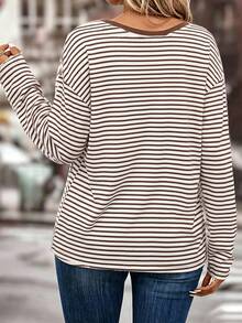 SHEIN LUNE Autumn New Brown Striped Print Bow V-Neck Long Sleeve T-Shirt - Multicolor - View 2