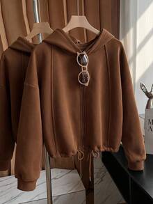 WovenCharm Drop Shoulder Drawstring Hem Zip Up Hoodie - Coffee Brown - View 1