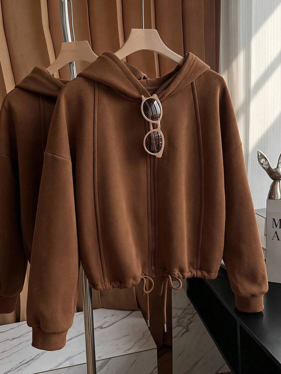 WovenCharm Drop Shoulder Drawstring Hem Zip Up Hoodie - Coffee Brown - View 1