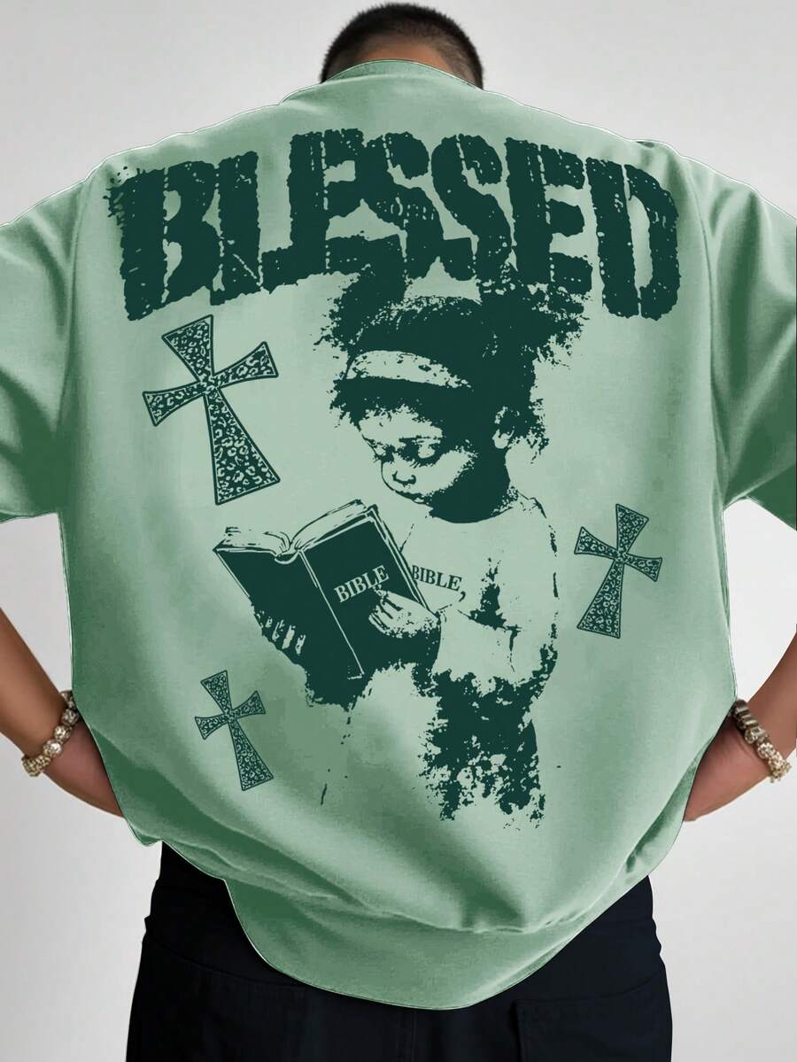 Manfinity Roghcode Men's Letter & Character Graphic Casual Daily Wear T-Shirt - Mint Green - View 1