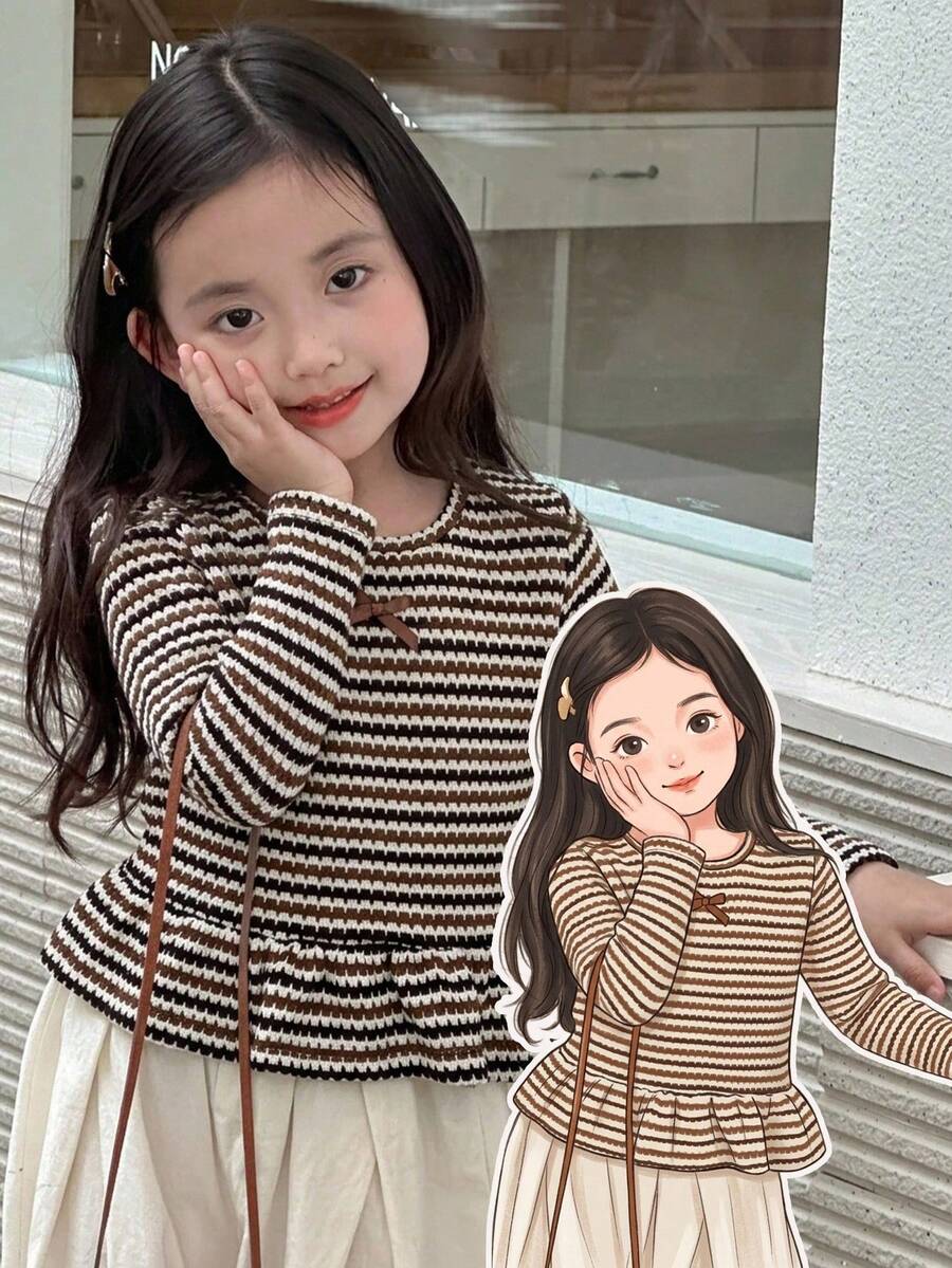 Dazy Kids Young Girl Round Neck Long Sleeve Striped T-Shirt Fall - Brown - View 1