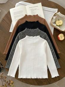 Envío aleatorio de 2 de 4 camisetas de capa base para niña con cuello semi alto, manga larga y ribete con volantes, de punto acanalado en color liso y estampado de leopardo, conjunto casual de otoño - Multicolor - Ver 2