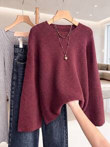 Solavon Regular Loose Fit Long Sleeve Crew Neck Sweater - Burgundy - View 3