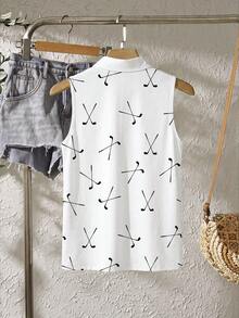 SHEIN LUNE Damen-Tanktop in großen Größen mit Polokragen und Golfclub-Muster, lässig - Weiss - Übersicht 3